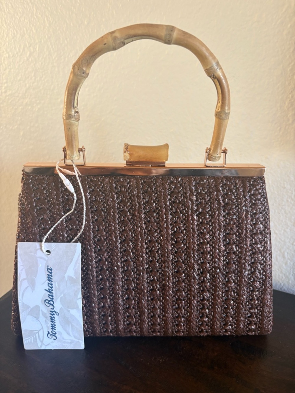 Tommy Bahama Brown Woven Satchel with Bamboo Handle